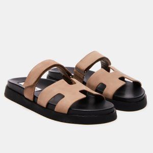 NWB-LEATHER MAYVEN TAN NUBUCK SLIDES -STEVE MADDEN -SZ 9US